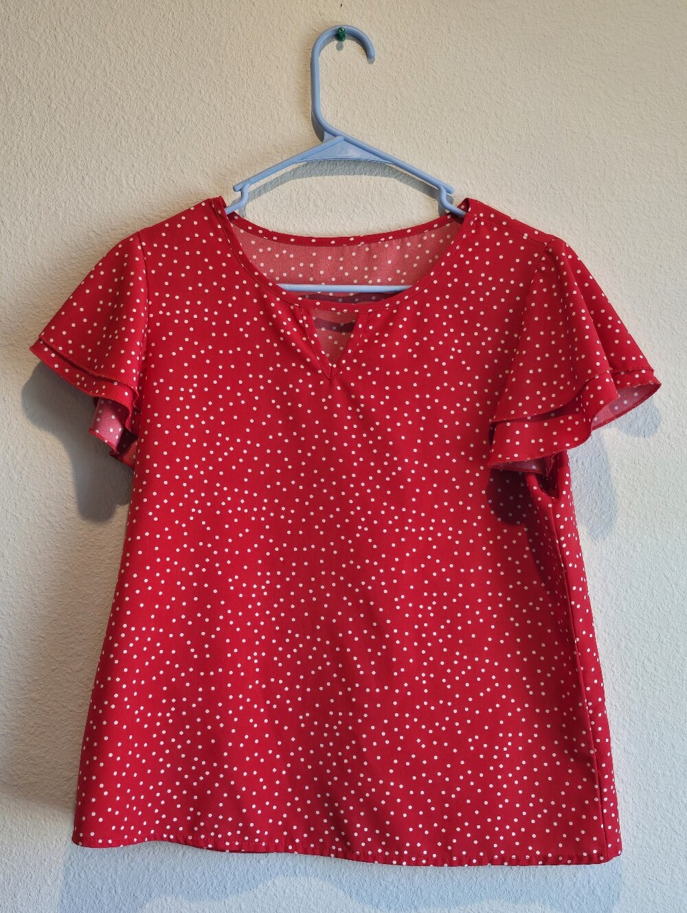 Red Polka Dot V-Neck Flutter Sleeve Blouse